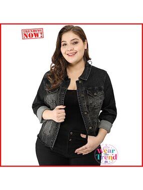 Plus Size Washed Frayed Hem Denim Jacket Button Down Jean Coat